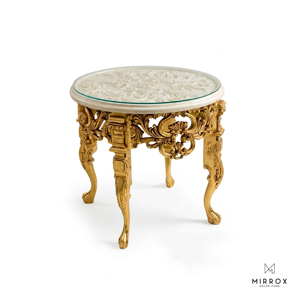 Mesa auxiliar lamin. pan de bronce 51x54x54 cm.